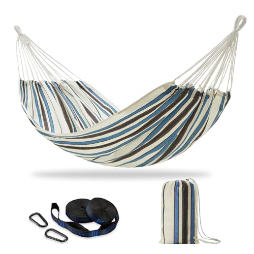 Brazilian Double Hammock with Tree Straps, Extra Large, 450 lbs Capacity | Soft Woven Cotton Fabric, 94.5 × 63 in, 2-Person Hammock with Carry Bag for Backyard, Patio, Outdoor, Blue White Stripe - color: Blue White Stripe, size: X-Large