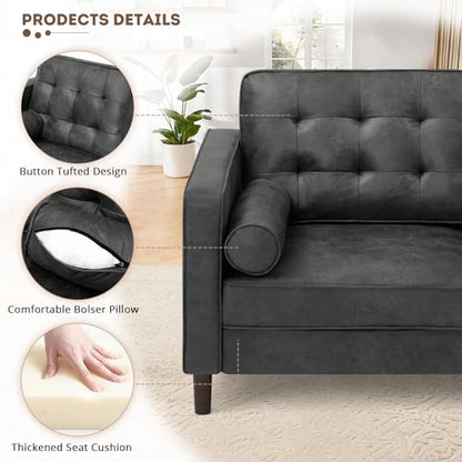 84 Inches Suede Leather Couch with Bolster Pillows, Grey - color: Grey, size: 84" Sofa