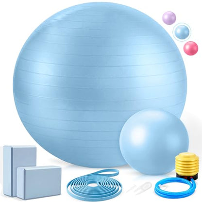 6-in-1 Yoga Balls and Yoga Block Set with Strap Foot Pump, Exercise Pregnancy Balls for Birthing, Pilates Kit Fitness Physical Therapy Home Gym Workout Equipment - color: Blue