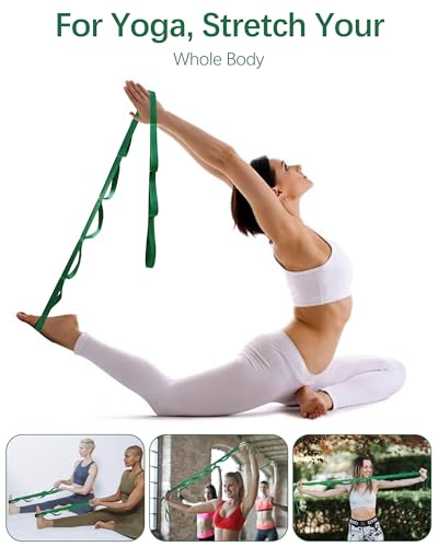 10 Loop Yoga Stretching Strap for Physical Therapy - Non-Elastic Exercise Band for Pilates, Yoga, Stretching for Women & Men - color: Green