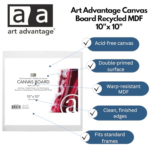 Art Advantage Canvas Board Recycled MDF 10x10 - Recycled MDF Canvas Panels for Painting, Paint Canvas, Canvases for Painting, Acrylic, Oil & Watercolor Art, Professional & Hobby Use - size: 10-inch x 10-inch Board