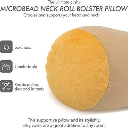 Microbead Bolster Neck Roll Pillow, 14x8 in Cylinder Tube, Barely Beige | Silky feel fabric helps prevent wrinkles & hair breakage; feather-light beads gently cushion head & shoulders as you rest - color: Barely Beige