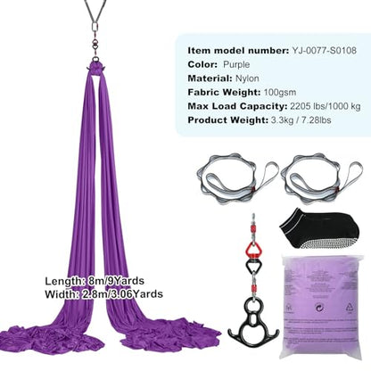 Happybuy Aerial Silk & Yoga Swing, 8.7 Yards, Aerial Yoga Hammock Kit, 100gsm Nylon Fabric, Full Rigging Hardware, Purple, Antigravity Flying for All Levels
