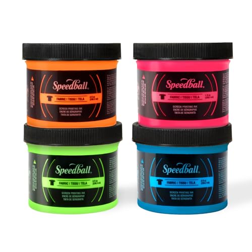 Speedball Fabric Screen Printing Ink Set, 4oz Fluorescent Colors: Hot Pink, Lime Green, Orange & Blue