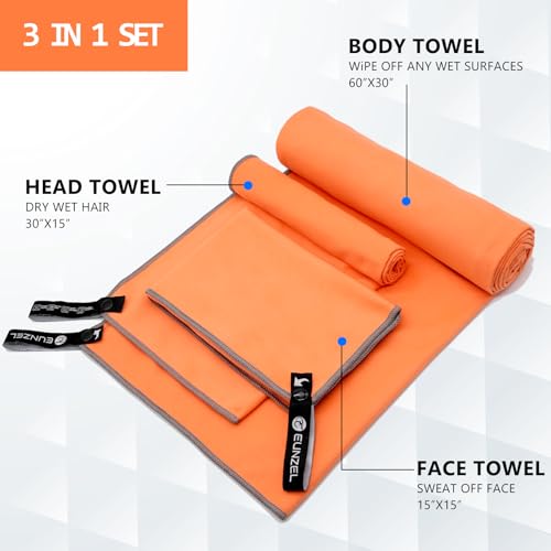 Eunzel Quick Dry Camping Towel, Microfiber Travel Towel 3 Size at 1 Pack,Fast Drying Towel Set for Camping, Beach, Gym, Sports, Yoga & Swimming Pool, Orange - color: Orange