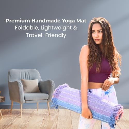 Indian Handmade100 % Organic Anti Skid Multi Colour Cotton Yoga Mat - Eco-Friendly Hand-Woven Rug - Non-Slip & Thick (24”x72”x5mm) for Hot yoga & Everyday Fitness at Home - Comfortable & Foldable Extra-Long Mat - color: Multi 17