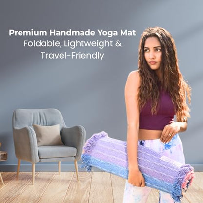 Indian Handmade100 % Organic Anti Skid Multi Colour Cotton Yoga Mat - Eco-Friendly Hand-Woven Rug - Non-Slip & Thick (24”x72”x5mm) for Hot yoga & Everyday Fitness at Home - Comfortable & Foldable Extra-Long Mat - color: Multi 17