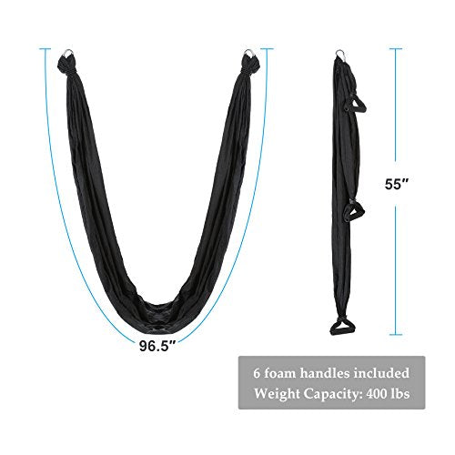 ZELUS Aerial Yoga Swing Sling Strong Yoga Hammock Kit Set Trapeze Inversion Equipment Include 2 Extensions Straps and Ceiling Mounting Kit - color: Black