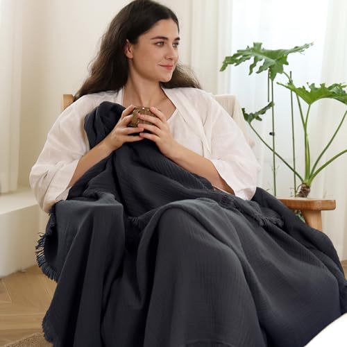 MooMee 100% Cotton Muslin Blanket, Fringed 4-Layer Gauze Bed Couch Throw - color: Dark Grey, size: Throw