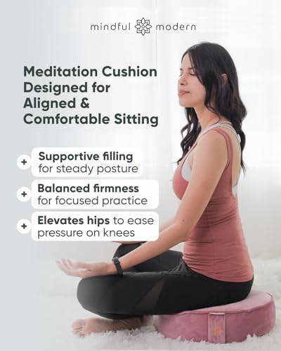 Mindful Modern Velvet Meditation Cushion | Luxe Zafu Yoga Floor Pillow Seat | Posture Support | Buckwheat Hull Filled | Large Round Cushion with Removable Washable Cover + Carry Handle - color: Blush Pink
