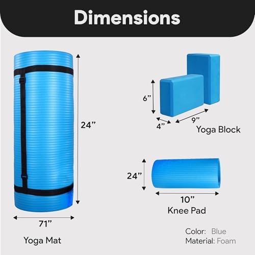 BalanceFrom 71x24 Inches Yoga Mat with Knee Pad and Optional Blocks – Extra 1-Inch Thick Non-Slip Foam with Anti-Tear Surface and Carrying Strap for Home, Studio, or Gym Workouts - color: Blue, style: Mat & Knee Pad & Yoga Blocks