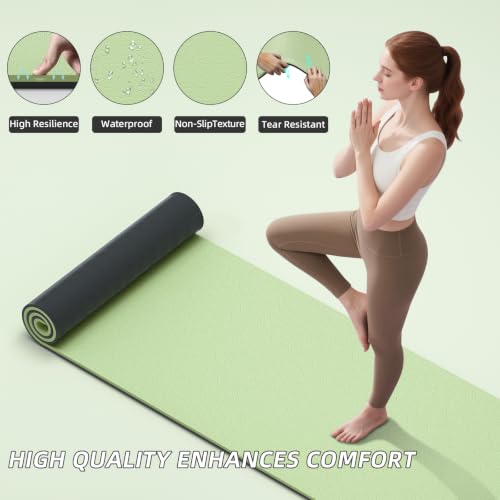 ILILI 10mm Extra Thick, TPE Yoga Mat, 76×28 Inch Extra Long, Carrying Strap | Double‑Color, Non‑Slip, Eco‑Friendly, Cushioned for Yoga, Pilates, Floor Exercise, Home Fitness, Outdoor Travel - color: Matcha Green+Black