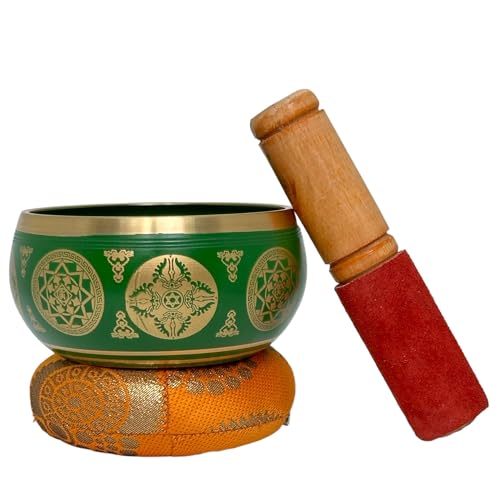 Nature's Own Tibetan Singing Bowl Set- Easy to Play- Meditation Sound Bowl Handcrafted in Nepal for Yoga, Mindfulness, Chakra Healing, Stress Relief - Spiritual Gifts (3.5 Inch, Green) - color: Geen
