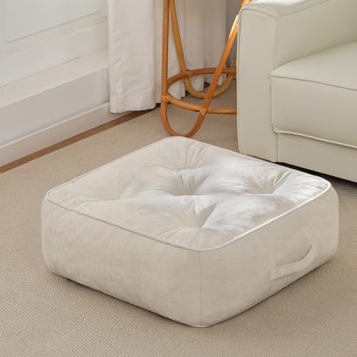 HIGOGOGO 8" Extra Thick Floor Pillow Cushion for Adults, Meditation Cushion Pillow with Handle, Lustrous Chenille Tufted, Square Floor Sitting for Tatami Living Room or Yoga, 22x22 Inch, Beige - color: Square Beige, size: 8" Thick(Pack of 1)