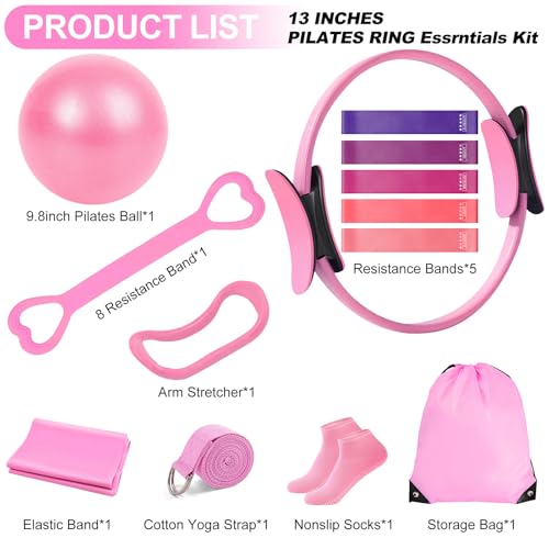 Pilates Kit for Women, Pilates Equipment with 13'' Magic Circle | Pilates Ring and Ball Set with 5 Strength Bands, Hip Thrust Belt, Compact Workout Set at Home