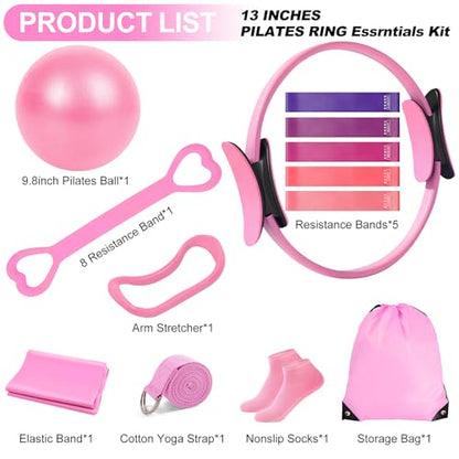 Pilates Kit for Women, Pilates Equipment with 13'' Magic Circle | Pilates Ring and Ball Set with 5 Strength Bands, Hip Thrust Belt, Compact Workout Set at Home