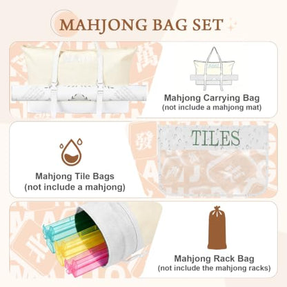 Mahjong Bag Storage Carrying Case for Tiles with Shoulder Strap (Beige) | 3-Bag System, External Mat Strap, Large Capacity, Lightweight Canvas, Reinforced Stitching, Fast Packing. - color: Beige
