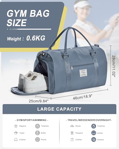 Gym Bags Womens Mens with Shoes Compartment and Wet Pocket Travel Duffel Bag for Women for Plane Sport Gym Tote Bags Swimming Yoga Waterproof Weekend Overnight Carry on Bag Hospital Holdalls - color: A8-Grey Blue