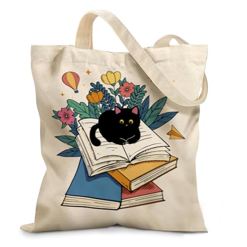 Aesthetic Canvas Tote Bag for Women - with Magnetic Snap Closure & Zipper Inner Pocket Reusable Bag for Shopping - color: Book Cat