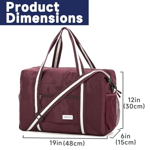 Arxus Carry On Travel Bag, Lightweight Foldable Packable Tote Bag 25L - color: Wine Red