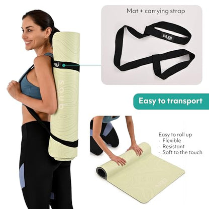 Yoga Mat Thick 5mm – Non Slip Exercise Mat Workout Surface, PU Natural Rubber Grip, Extra Large 183x68 cm Wide Design, Pilates Fitness Training, Includes Strap & Carry Bag - color: LIGHT MINT