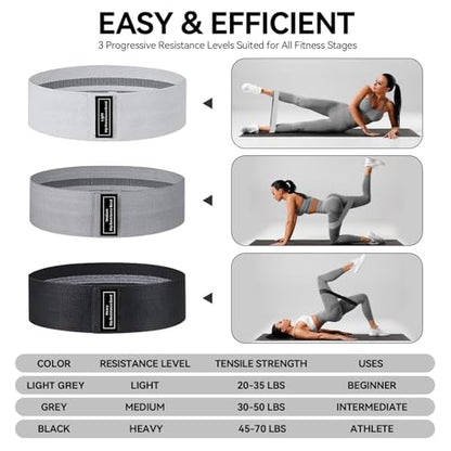 Fabric Resistance Bands for Working Out, 3 Levels Non-Slip Booty Bands for Glutes and Legs, Cloth Exercise Bands Sets with Carry Bag & Workout Guide, Light/Medium/Heavy (Light Grey/Grey/Black)
