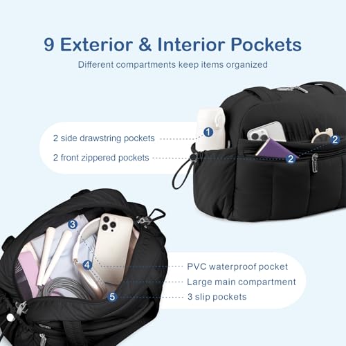 TOPDesign Travel Duffel Bag for Women, Puffer Gym Bag Sports Tote with Wet Pocket, Carry On Weekender with Luggage Sleeve (Black) - color: Black