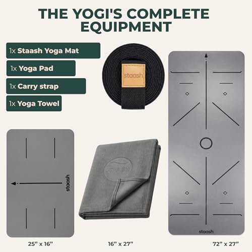 STAASH Premium Yoga Set – PU & Natural Rubber Mat + Towel + Strap + Knee Pad – Non-Slip Grip, Eco-Friendly, Studio Quality - color: Dark Grey