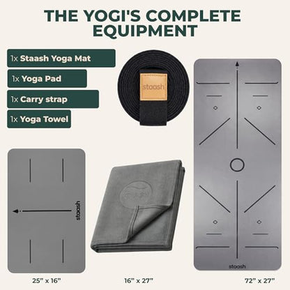 STAASH Premium Yoga Set – PU & Natural Rubber Mat + Towel + Strap + Knee Pad – Non-Slip Grip, Eco-Friendly, Studio Quality - color: Dark Grey