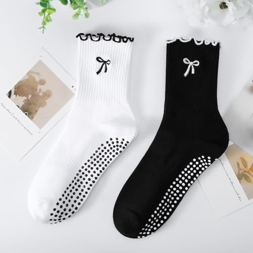 Women's Pilates Grip Socks, Ruffle Non Slip Bow Pattern Yoga Socks | Grippy, Frilly Trim, Embroidery, Crew Length, Soft Cotton, Arch Support, for Barre Ballet Dance Workout Hospital Home Gifts - color: B02-bow-white+black