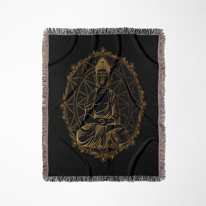 3dRose Golden Buddha Yoga Zen with Gold Mandala Religion Woven Blanket