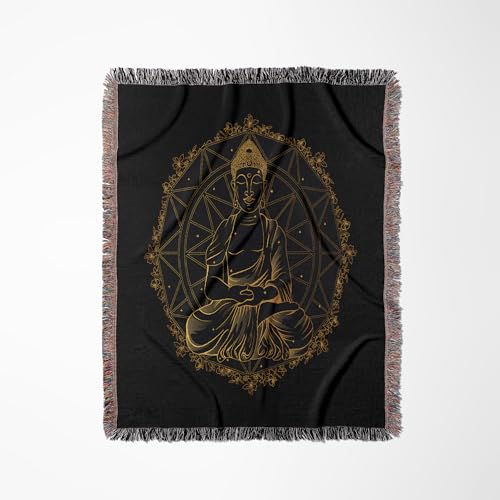 3dRose Golden Buddha Yoga Zen with Gold Mandala Religion Woven Blanket