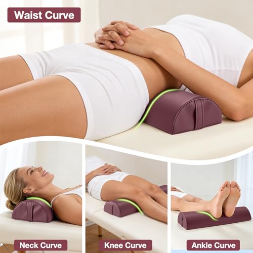 Half Moon Bolster Pillow for Leg, 21 x 6 x 3 in Knee Support Pillow Pad | PU Leather Semi Roll Massage Bolster w/Strap Handle, Water & Oil Proof D Shaped Cushion for Yoga Therapy Spa Physical Relief - color: Medium Purple- 21x6x3 in - Pu Leather