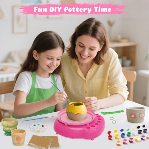 Pottery Wheel for Kids with Air Dry Clay Kit, 12 Paints & Tools, Ages 6-12 | No kiln needed: shape on the electric wheel, air-dry & paint. Gentle beginner speed; kit adds 3 clay packs, tools & apron - color: rose