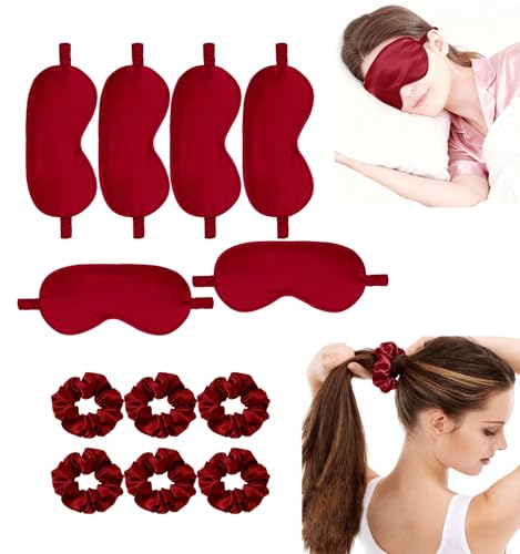 12Pcs Silk Sleep Masks Satin Eye Mask Silky Eyes Cover Blindfold Eyeshade Hair Ties Scrunchy Travel Bridesmaids Gifts - color: Dark Red