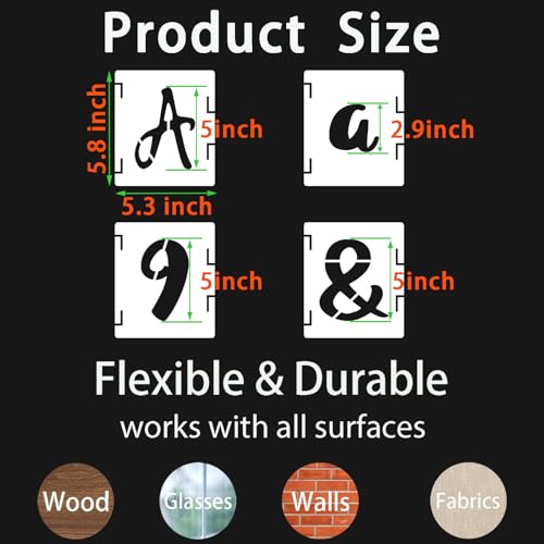 BAMIDELE 5 Inch Letter Stencils and Numbers, 66 Pcs Reusable Plastic Alphabet Symbol Interlocking Drawing Template Kit for Painting on Wood, Wall, Chalkboard, Fabric, Door Porch, Signage - size: 5 Inch