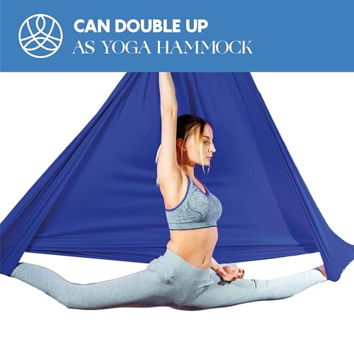 Aerial Silks Starter Kit, 9 Yards, Aerial Yoga Hammock, Hardware | Knitted fabric with pose guide, for aerial yoga, gymnastics, silk swing, stretching and home gym use, suitable for all levels - color: Navy