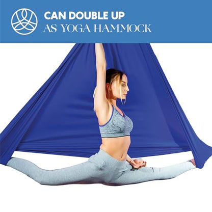 Aerial Silks Starter Kit, 9 Yards, Aerial Yoga Hammock, Hardware | Knitted fabric with pose guide, for aerial yoga, gymnastics, silk swing, stretching and home gym use, suitable for all levels - color: Navy