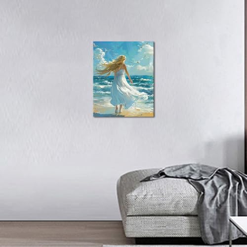 TUMOVO Paint by Numbers for Adults Beginner Girl Seagull Paint by Number Beach Girl Color by Number for Adult Paint by Number Kits DIY Painting Paint-by-Number Kits with Framed, 16 x20 Inch - color: Girl-Framed
