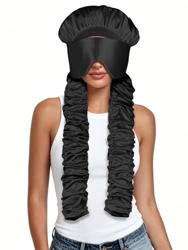 Satin Bonnet for Sleeping with Eye Mask，No Slip Sleep Bonnet with Long Curling Ribbons for Braids & Long Hair - color: Black