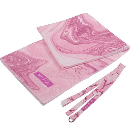 VI-FA Soft Yoga Mat Towel Hot Yoga Towel Non Slip Microfiber Yoga Mat Cover with 6 Feet Yoga Strap/Mat Carry Strap for Workout, Gym, Fitness -Pink Marble Pattern 68" X24''