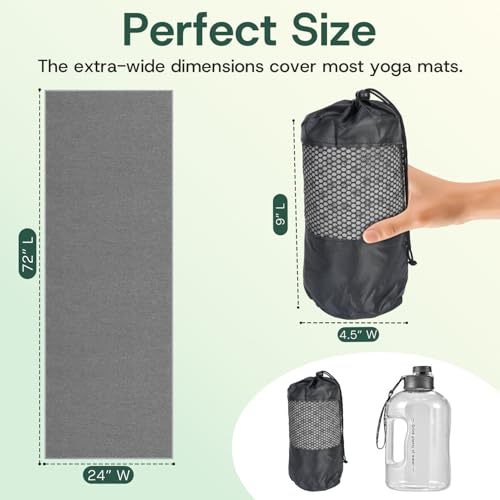 MIELIA Hot Yoga Towel Non Slip,Yoga Mat Towel with Grip Dots - Super Absorbent Microfiber Sweat Towel for Hot Yoga & Pilates, 72" x 24.5", Gray