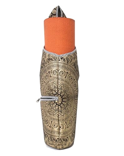 INDIAN CRAFT CASTLE Yoga Mat Bag | Tote Mat Bag | Sling Yoga Tote w/Large Side Pocket & Zipper Pocket | Yoga Mat Carrier Fits Most Size Mats - color: Gold Black Flower