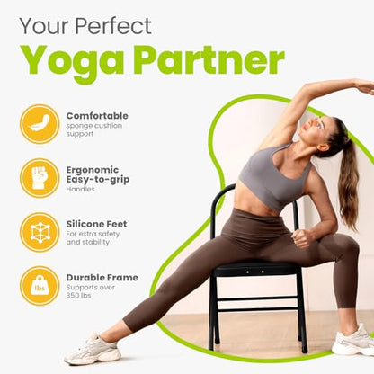 Foldable Yoga Auxiliary Chair with 3 Training Guide Posters for Versatile Exercises, Yoga Assist Handstand Chair with Detachable Lumbar Back Support for Stretching, Balance Training. (Black)
