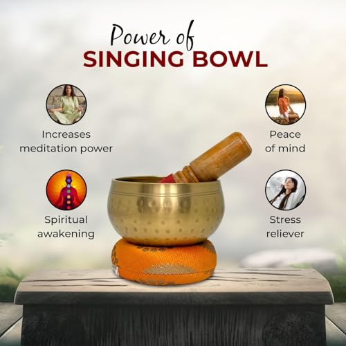 Nature's Own Tibetan Singing Bowl Set Easy to Play Meditation Sound Bowl Handcrafted in Nepal for Yoga, Mindfulness, Chakra Healing, Stress Relief Spiritual Gifts for Women & Men (5.5 Inch, Hammered) - color: Bronze