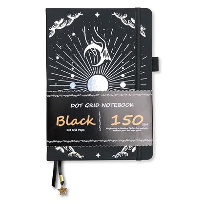 BUKE Dotted Journal - 150gsm Black Paper - 5 * 5mm DOT GRID Layout 160 Pages - A5 Size PU Leather Hardcover Drawing Sketch Notebook (Black) - color: Black