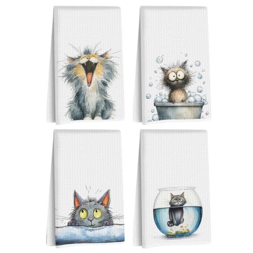 4 Pcs Funny Cat Kitchen Towels, Cute Cats Gifts Reusable Hand Towels-03 | Cat Dish Cloths for Drying Dishes, Cats Waffle Dish Towels for Kitchen Bathroom Decor, Cat Lover Gifts for Women Mom Grandma - color: Multi 1618