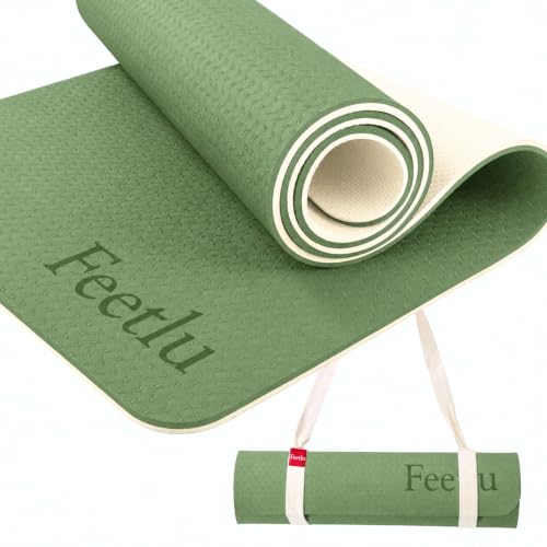 Extra Thick Yoga Mat with Carry Strap, 10mm Non-Slip Exercise Mat, 72 x 24 Inch Cushioned Workout Mat for Yoga, Pilates, Stretching & Floor Exercises - color: Green & Cream