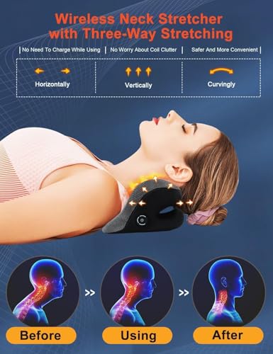 Upalled Wireless Heated Neck Stretcher for Pain Relief, Portable Cordless Neck Shoulder Cervical Traction Device with Graphene Heating Pad No Smell Magnetic Therapy Case Relaxer for Spine Alignme