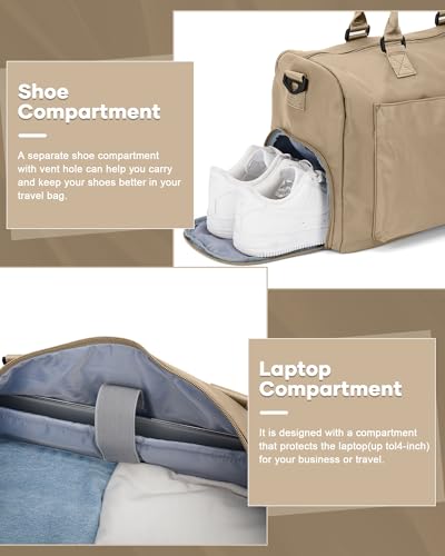 Travel Duffel Bag Weekender Bags for Women Carry On Gym Tote Bags Khaki | Duffle Bag with Shoe Compartment Carry On Overnight Bag with Wet Pocket Personal Item Travel Bag for Trip Hospital Bag - color: G3-Khaki